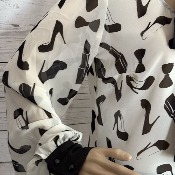 Kardashian Kollection Blouse Medium Sheer White Black Bow Heel Lipstick Print - Picture 5 of 13